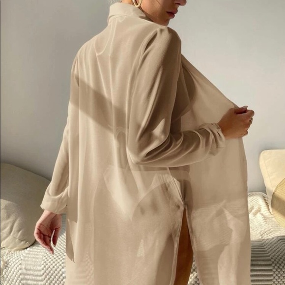 Shirt kimono bikini cover-up button collar slit side khaki top beach summer - Picture 4 of 5